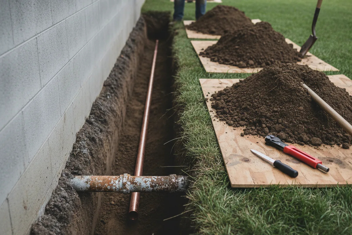 Excavated water line trench during Sewer Line Repair in Whitmore Lake